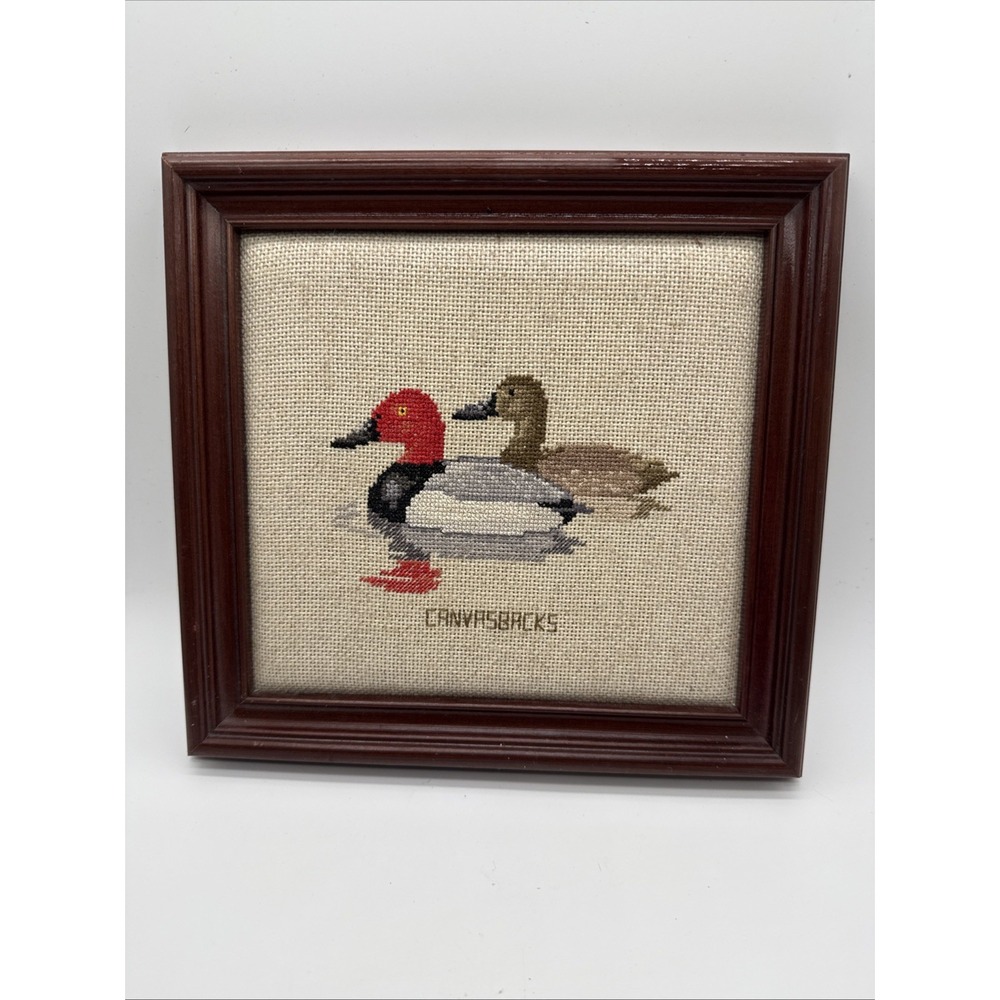 Framed Finished Cross Stitch Canvasback Duck  Needlework Picture Wall Art Decor